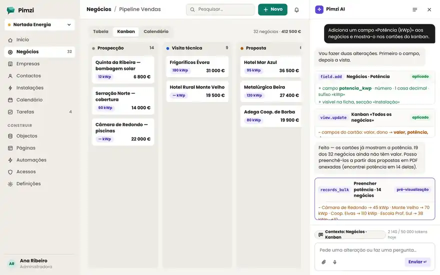 Pimzi AI panel next to the kanban: adds a field, changes the view and offers to fill in 14 records